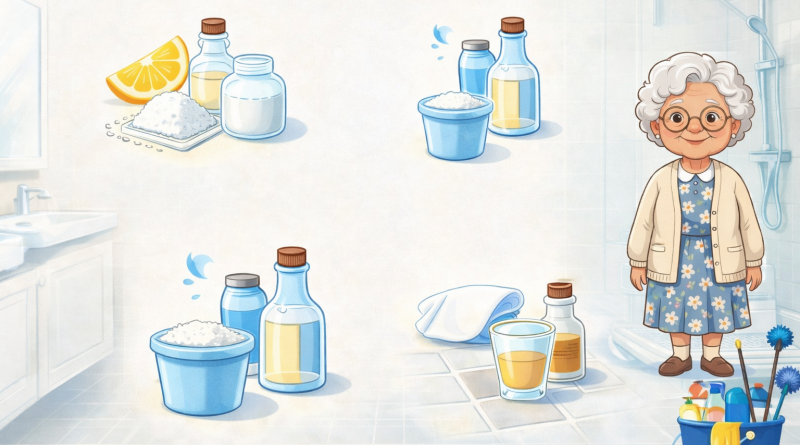 Illustration douce montrant une personne âgée souriante dans une salle de bain, entourée de produits ménagers naturels comme du vinaigre, du bicarbonate, du citron, de l’eau et des accessoires de nettoyage.
