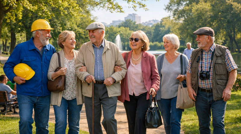 Vue panoramique de personnes retraitées marchant dans un parc, représentatives de différentes professions et niveaux de retraite