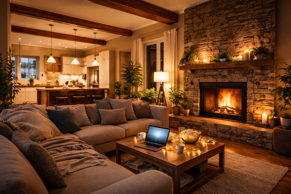 Intérieur d’une maison chaleureuse éclairée par de nombreuses lampes allumées, avec un feu de cheminée actif, illustrant un foyer confortable consommant librement de l’électricité.