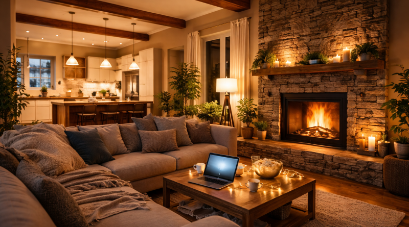 Intérieur d’une maison chaleureuse éclairée par de nombreuses lampes allumées, avec un feu de cheminée actif, illustrant un foyer confortable consommant librement de l’électricité.