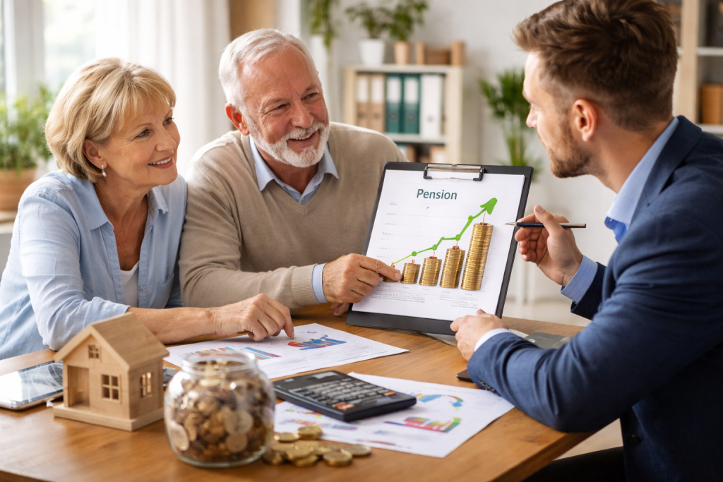 Couple de seniors échangeant avec un conseiller lors d’un rendez-vous de préparation à la retraite, observant une simulation de pension avec des pièces empilées et des documents financiers sur une table.