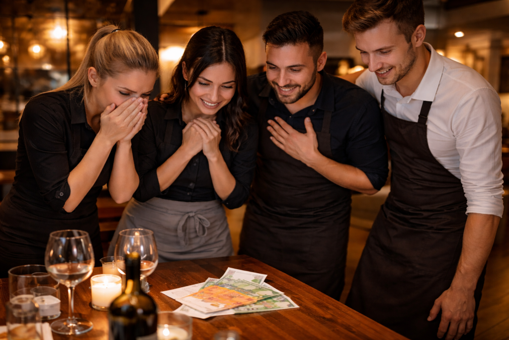 Groupe de serveurs réunis autour d’une table en bois, visiblement émus et souriants, observant une importante somme d’argent déposée devant eux dans un restaurant à l’ambiance chaleureuse.