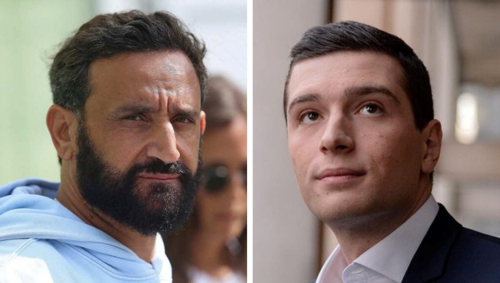 Portraits côte à côte de deux hommes, l’un barbu en tenue décontractée, l’autre en costume sombre, illustrant une opposition entre univers médiatique et politique.