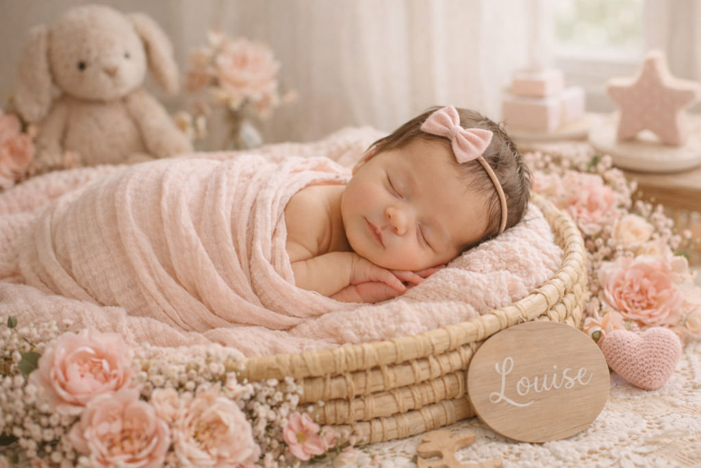 Nouveau-né endormi, emmailloté dans une couverture rose pâle, reposant dans un panier en osier entouré de fleurs délicates, dans une ambiance douce et lumineuse.