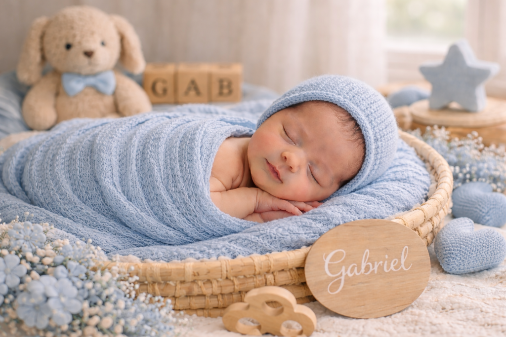 Nouveau-né endormi, emmailloté dans une couverture bleue, reposant dans un panier en osier entouré d’objets décoratifs aux tons bleus, dans une ambiance douce et apaisante.