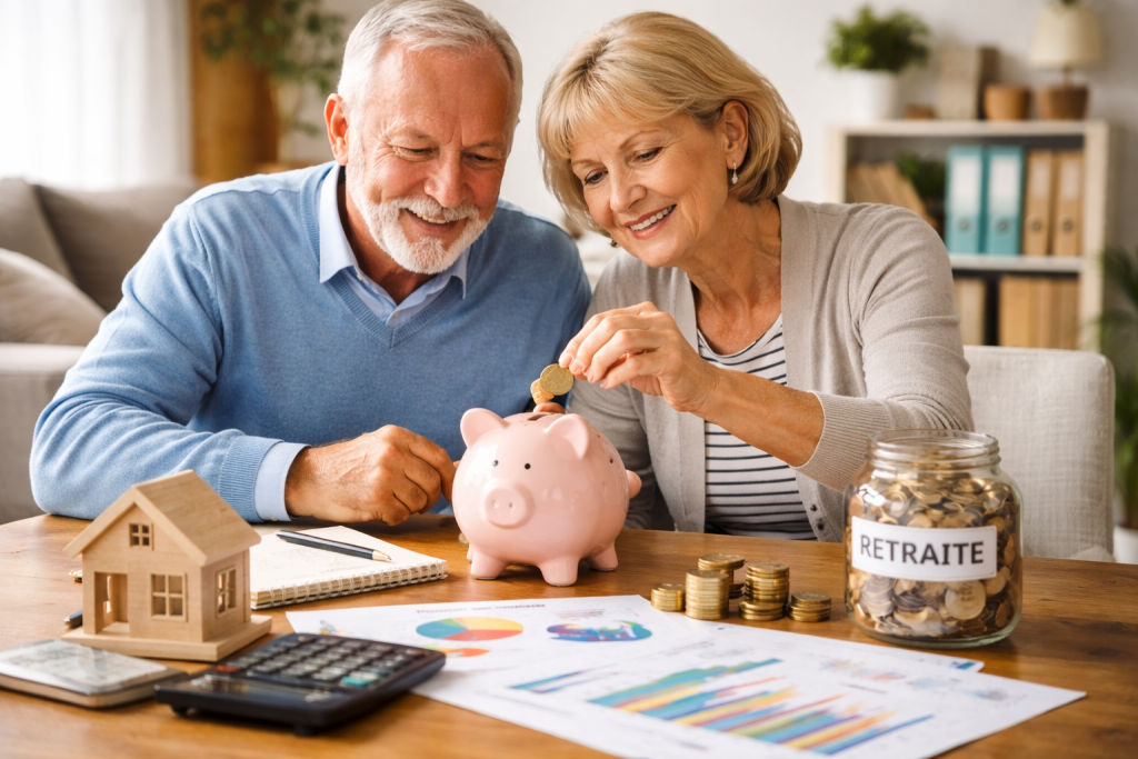 Couple de seniors assis à une table, plaçant des pièces dans une tirelire lors d’une séance de préparation financière pour la retraite.