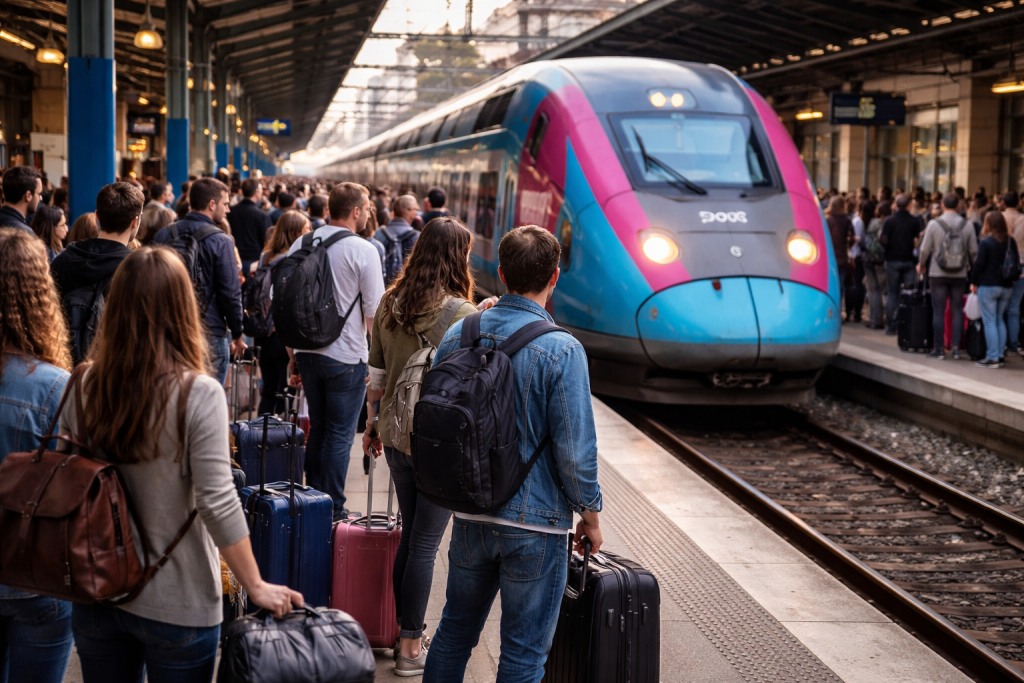 Voyageurs faisant la queue sur un quai bondé avec valises, attendant l’arrivée d’un train à grande vitesse dans une grande gare couverte.