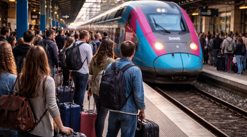Voyageurs faisant la queue sur un quai bondé avec valises, attendant l’arrivée d’un train à grande vitesse dans une grande gare couverte.