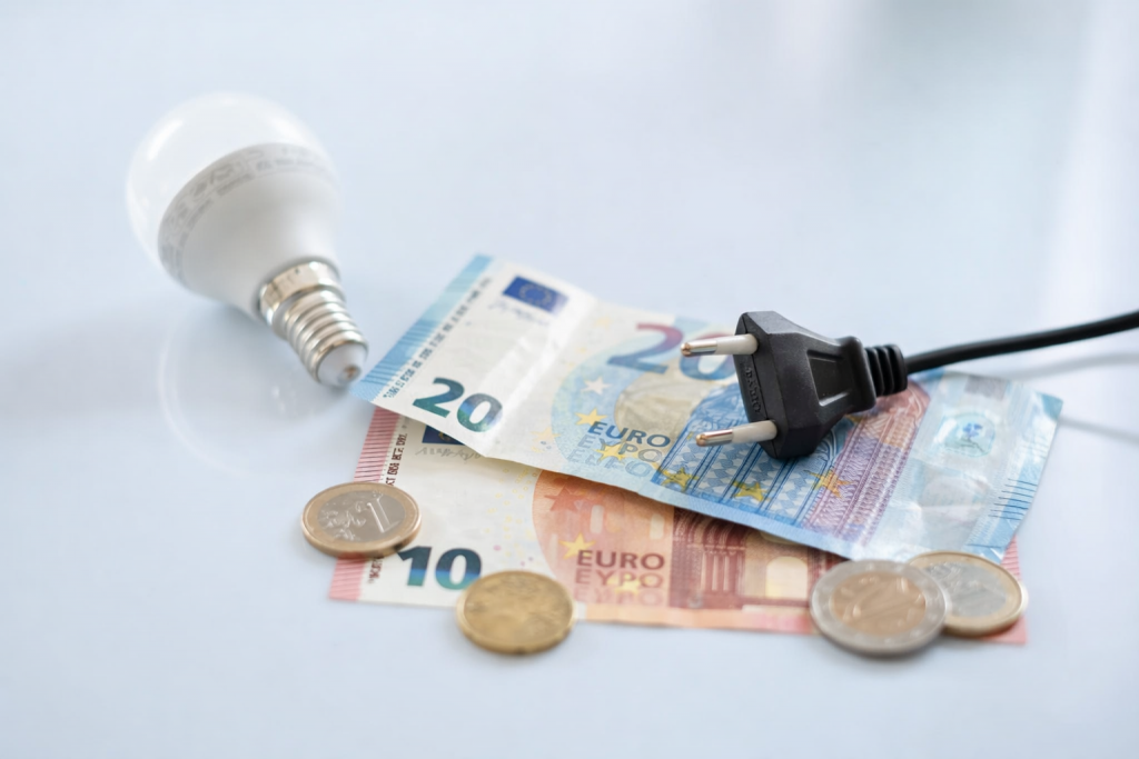 Ampoule LED, prise électrique et billets en euros posés sur une surface claire, symbolisant le coût de l’électricité et les économies d’énergie domestiques.