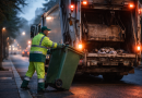 Agent de collecte des déchets travaillant tôt le matin dans une rue urbaine, à côté d’un camion de ramassage, en tenue de travail, illustrant un métier physique et essentiel.