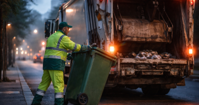 Agent de collecte des déchets travaillant tôt le matin dans une rue urbaine, à côté d’un camion de ramassage, en tenue de travail, illustrant un métier physique et essentiel.