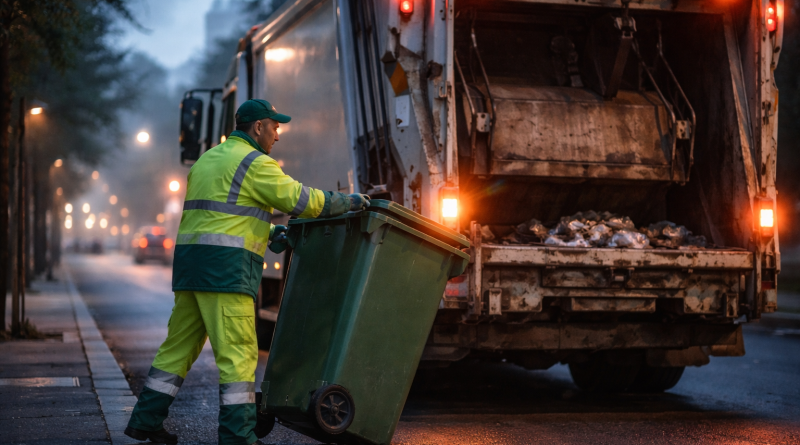 Agent de collecte des déchets travaillant tôt le matin dans une rue urbaine, à côté d’un camion de ramassage, en tenue de travail, illustrant un métier physique et essentiel.