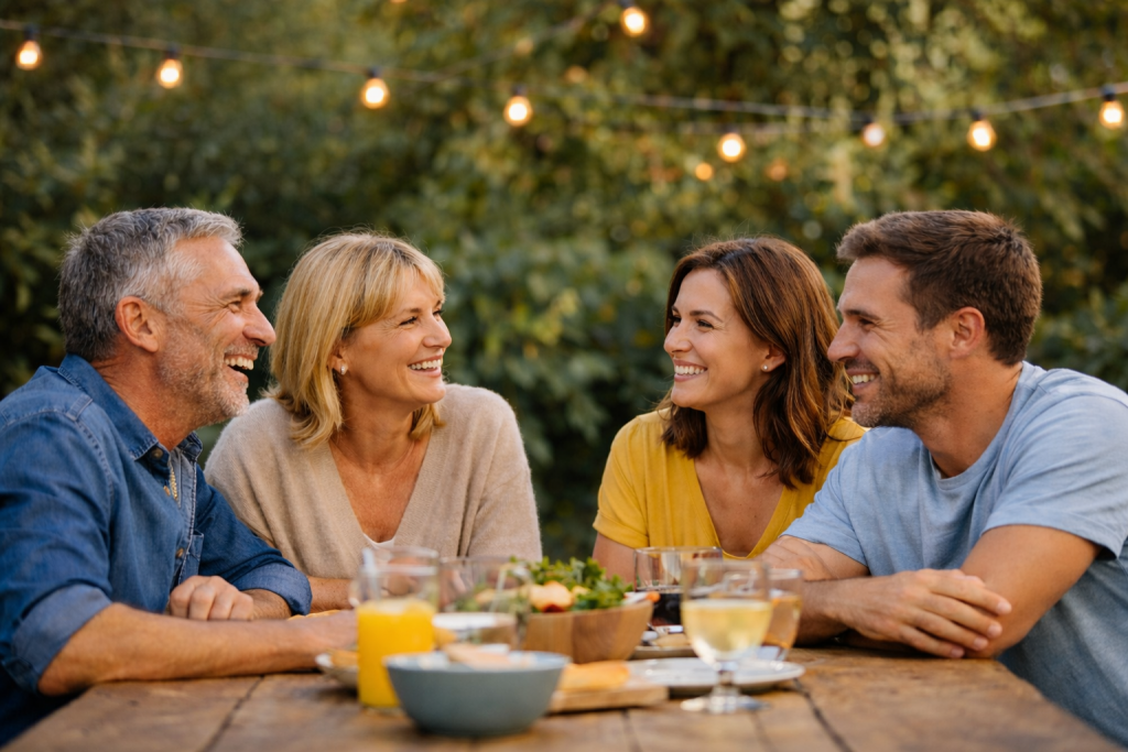 Groupe d’adultes souriants partageant un moment convivial autour d’une table en extérieur, dans une ambiance détendue et chaleureuse, symbolisant une vie sereine et équilibrée.