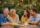 Groupe d’adultes souriants partageant un moment convivial autour d’une table en extérieur, dans une ambiance détendue et chaleureuse, symbolisant une vie sereine et équilibrée.