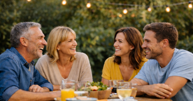 Groupe d’adultes souriants partageant un moment convivial autour d’une table en extérieur, dans une ambiance détendue et chaleureuse, symbolisant une vie sereine et équilibrée.