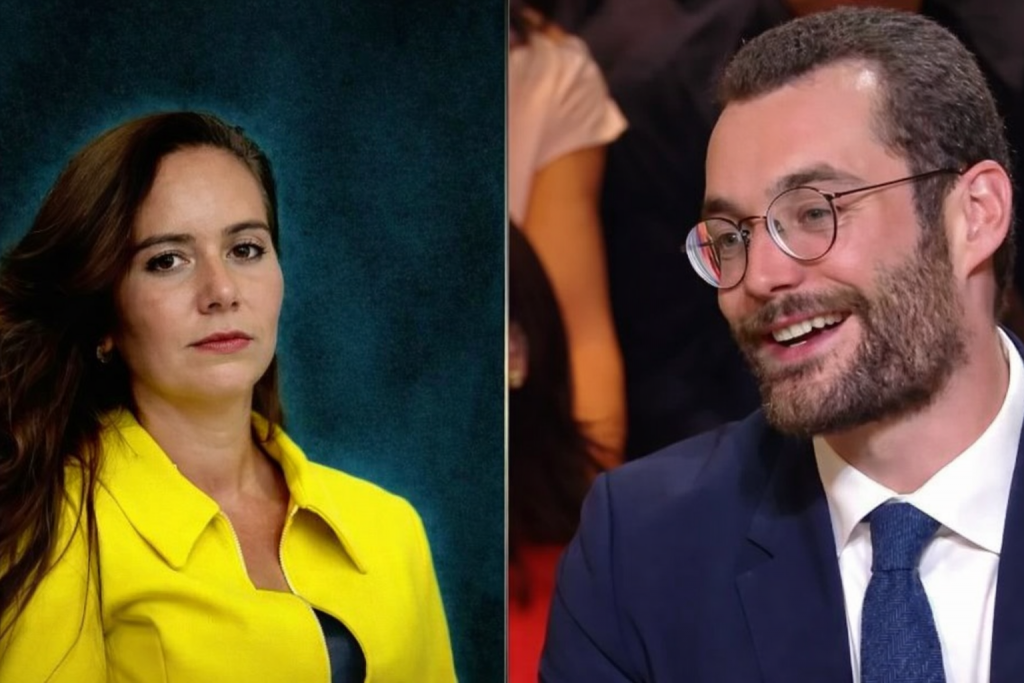 Portrait en diptyque montrant une femme en veste jaune au regard sérieux et un homme barbu en costume bleu souriant, photographiés séparément dans des contextes distincts.