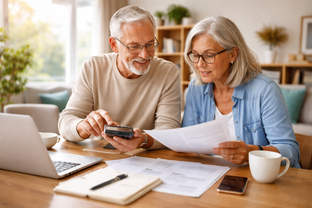 Couple de seniors assis autour d’une table lumineuse, examinant ensemble des documents financiers dans un intérieur calme et chaleureux.