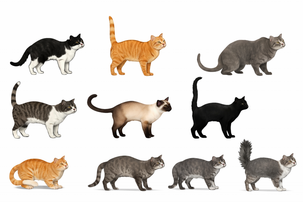Illustrations réalistes de plusieurs chats domestiques aux pelages variés, présentés de profil dans différentes postures, sur fond blanc.