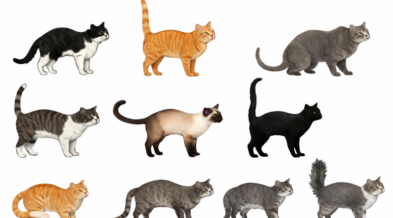 Illustrations réalistes de plusieurs chats domestiques aux pelages variés, présentés de profil dans différentes postures, sur fond blanc.