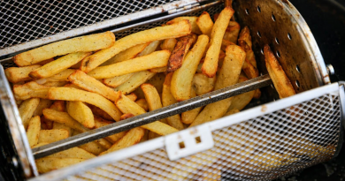 Frites dorées en cours de cuisson dans un panier métallique à mailles, placé horizontalement dans un appareil de cuisson à air chaud.