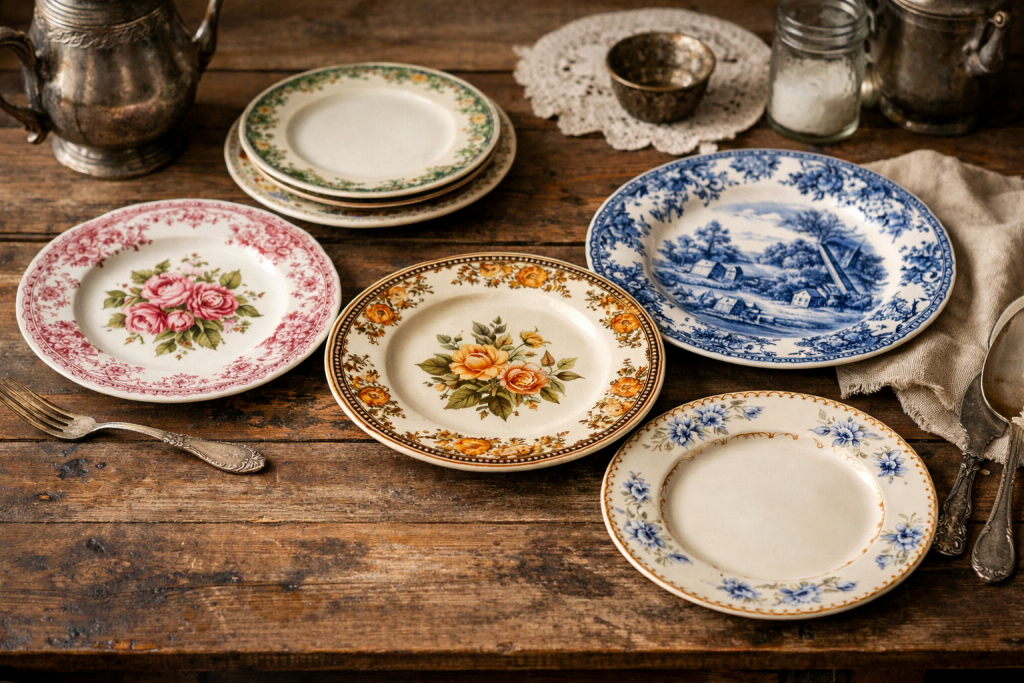 Assiettes anciennes en porcelaine décorée posées sur une table en bois, utilisées comme vaisselle du quotidien