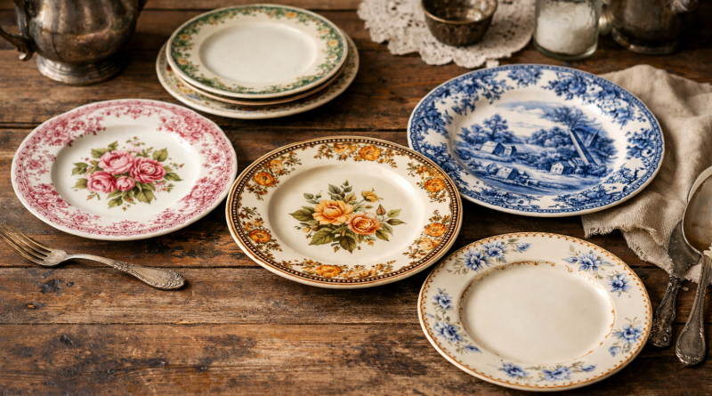 Assiettes anciennes en porcelaine décorée posées sur une table en bois, utilisées comme vaisselle du quotidien