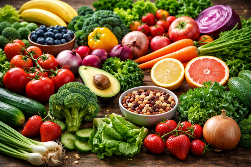 assortiment coloré de fruits et légumes frais disposés sur une table en bois