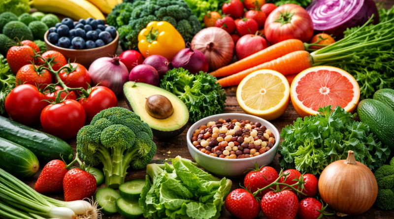 assortiment coloré de fruits et légumes frais disposés sur une table en bois