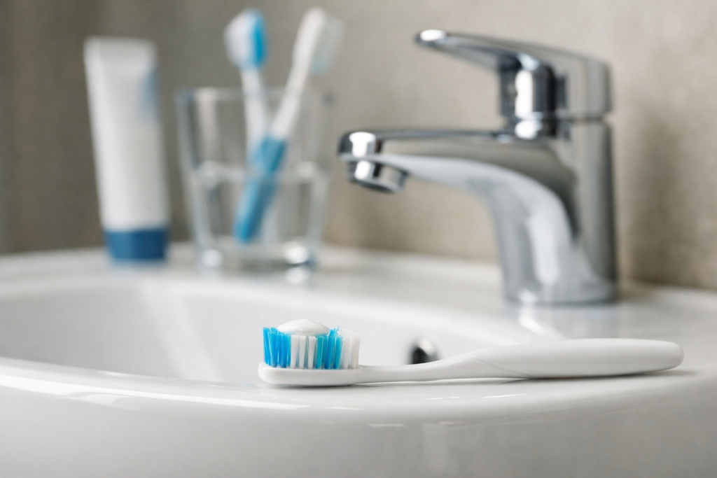 brosse à dents posée sur un lavabo blanc