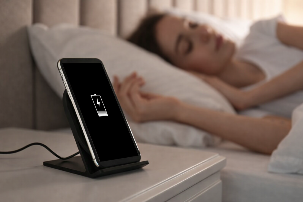 Smartphone en charge posé sur une table de nuit à côté d’un lit dans une chambre sombre.