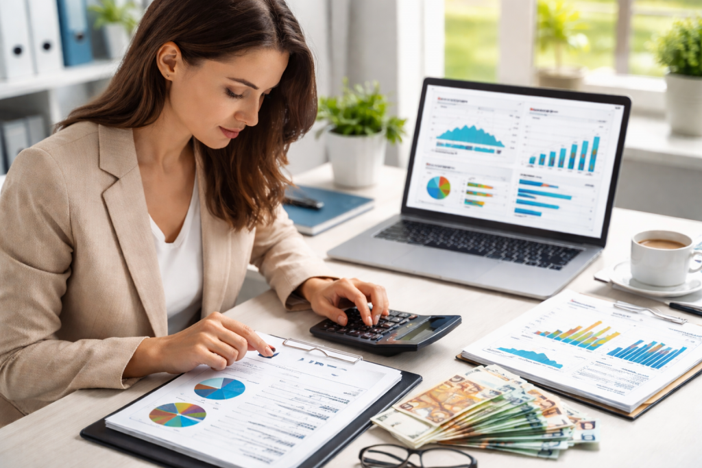 Personne assise à un bureau analysant des documents financiers avec une calculatrice et un ordinateur portable.