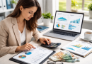 Personne assise à un bureau analysant des documents financiers avec une calculatrice et un ordinateur portable.