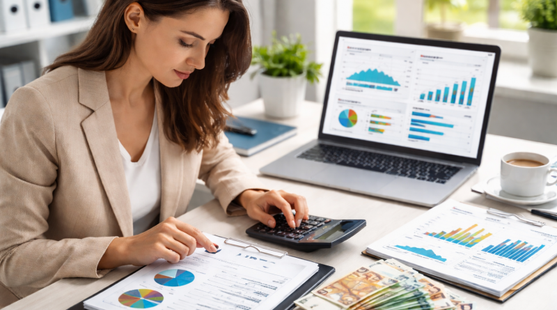 Personne assise à un bureau analysant des documents financiers avec une calculatrice et un ordinateur portable.