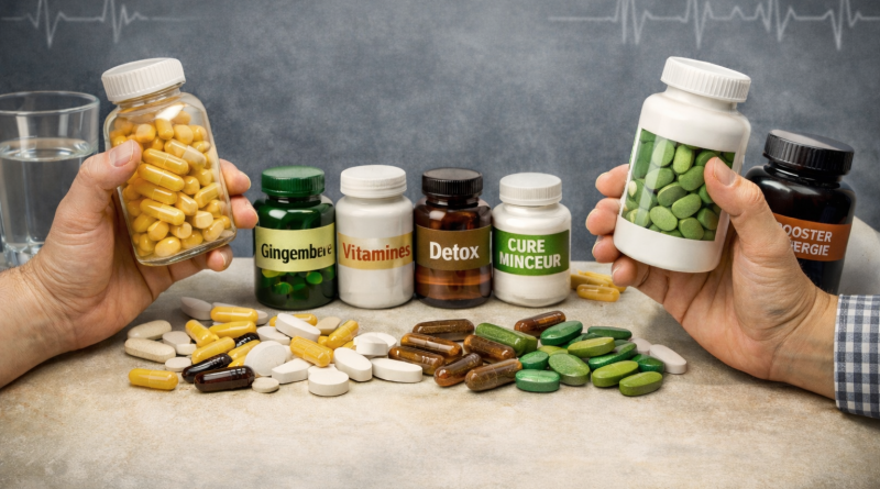 mains tenant des flacons de capsules à côté d’un verre d’eau sur une table.