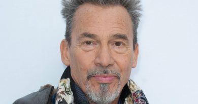 Portrait en gros plan d’un chanteur français aux cheveux gris dressés, barbe poivre et sel, regard sérieux face à l’objectif, sur fond clair.