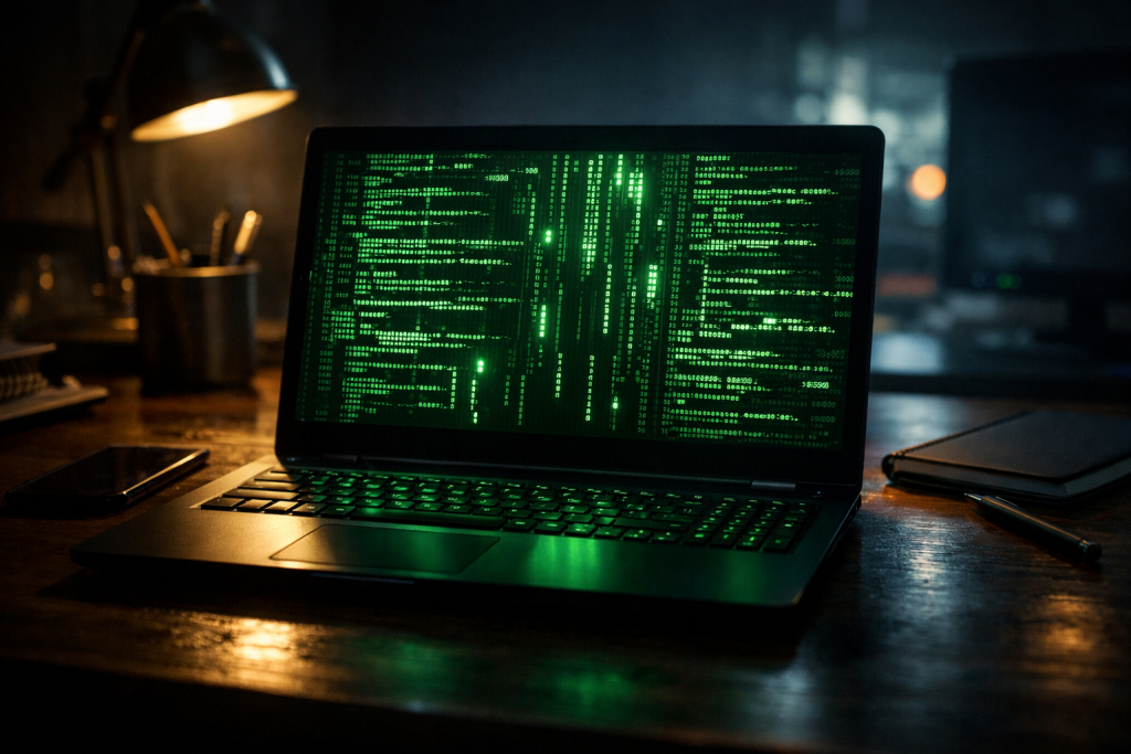 Ordinateur portable ouvert sur un bureau sombre, affichant des lignes de code vertes lumineuses à l’écran, symbolisant une menace informatique et les risques de cyberattaque.