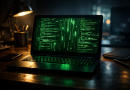 Ordinateur portable ouvert sur un bureau sombre, affichant des lignes de code vertes lumineuses à l’écran, symbolisant une menace informatique et les risques de cyberattaque.