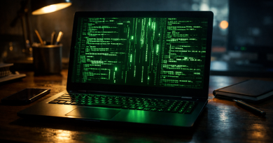 Ordinateur portable ouvert sur un bureau sombre, affichant des lignes de code vertes lumineuses à l’écran, symbolisant une menace informatique et les risques de cyberattaque.