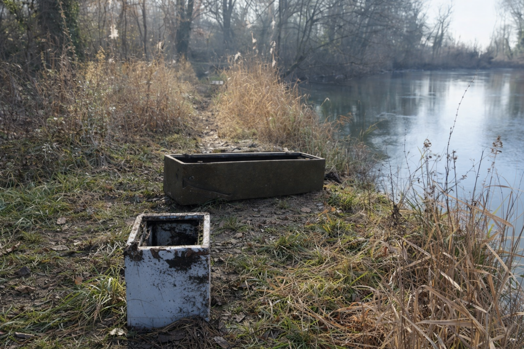 Deux coffres métalliques anciens abandonnés sur une berge, entourés de végétation sèche, au bord d’une rivière calme