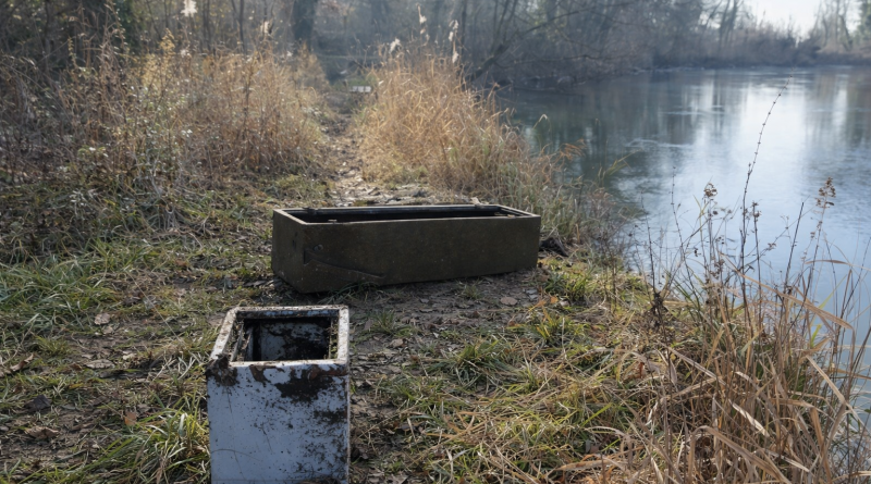 Deux coffres métalliques anciens abandonnés sur une berge, entourés de végétation sèche, au bord d’une rivière calme