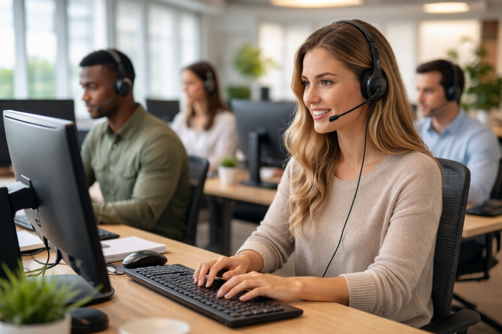 Plateau de centre d’appels moderne avec plusieurs téléopérateurs équipés de casques, travaillant sur des ordinateurs dans un open space lumineux.