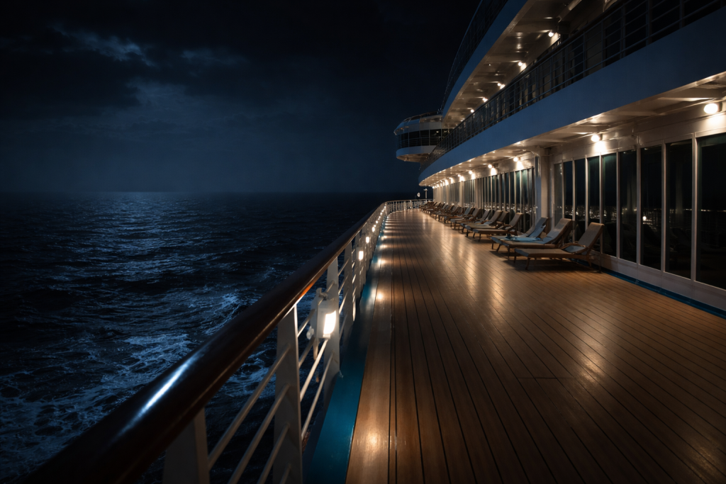 Pont désert d’un grand navire de croisière naviguant de nuit sur une mer sombre et calme, éclairé par quelques lumières blanches.