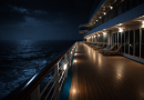 Pont désert d’un grand navire de croisière naviguant de nuit sur une mer sombre et calme, éclairé par quelques lumières blanches.