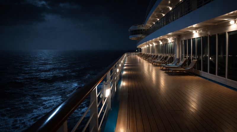 Pont désert d’un grand navire de croisière naviguant de nuit sur une mer sombre et calme, éclairé par quelques lumières blanches.