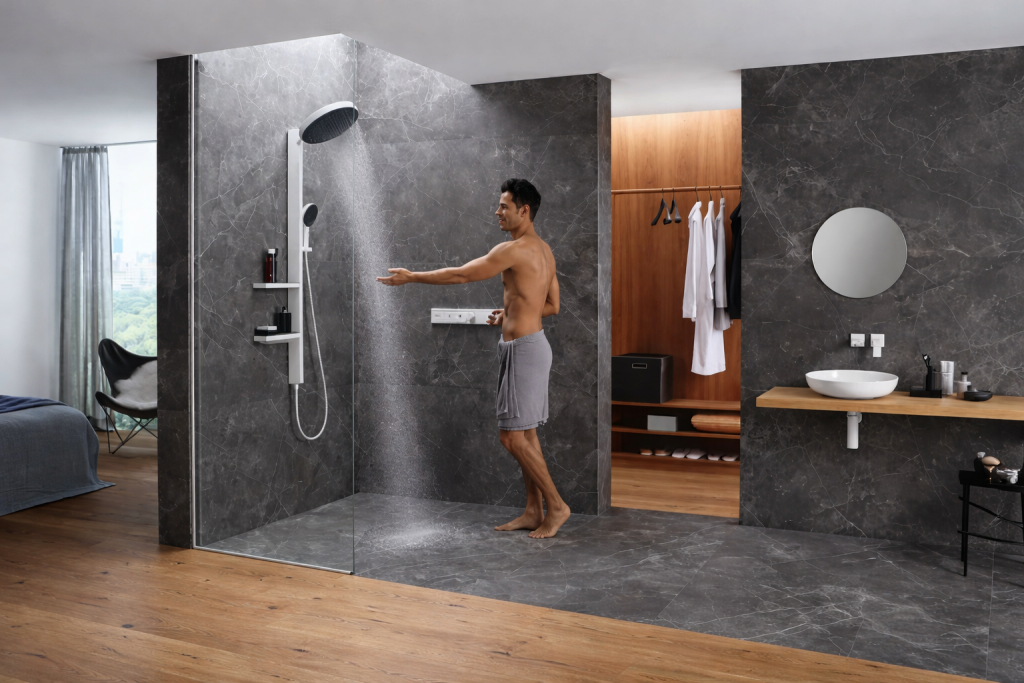 Salle de bain contemporaine avec une douche sans porte, ouverte et de plain-pied, murs effet pierre sombre, sol antidérapant et paroi en verre minimaliste laissant circuler la lumière naturelle.