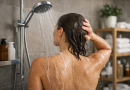 Personne debout sous une douche domestique avec un jet d’eau modéré, illustrant une routine d’hygiène quotidienne.