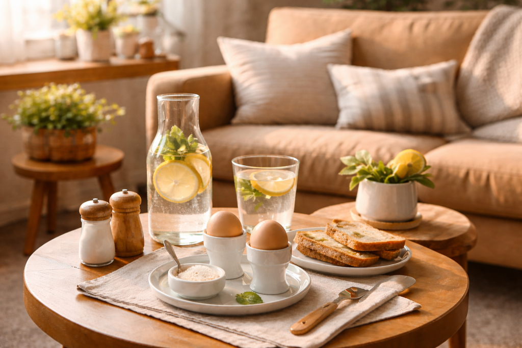 Petit déjeuner du matin avec eau citronnée et œufs sur une table basse dans un salon chaleureux