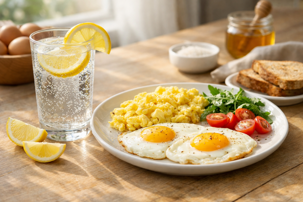 Petit déjeuner composé d’un verre d’eau citronnée pétillante accompagné d’œufs servis simplement sur une table lumineuse.