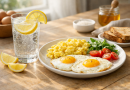 Petit déjeuner composé d’un verre d’eau citronnée pétillante accompagné d’œufs servis simplement sur une table lumineuse.