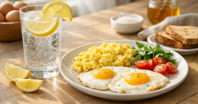 Petit déjeuner composé d’un verre d’eau citronnée pétillante accompagné d’œufs servis simplement sur une table lumineuse.